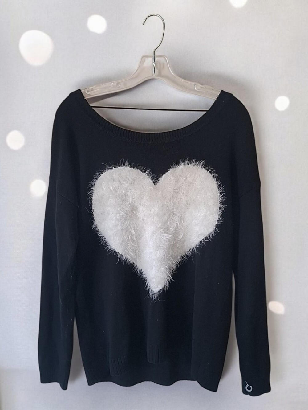 INC International Concepts Black Off-the-Shoulder Sweater with White Fuzzy Heart